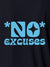 Close up of 'No Excuses' design on Women's Navy Blue Polo T-shirt, highlighting intricate details and vibrant print.