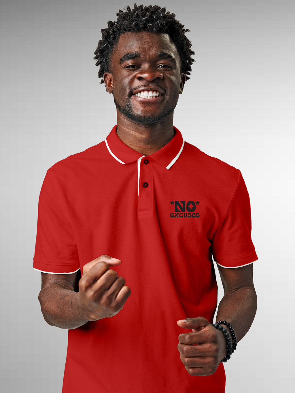Model wearing Men's Red Polo T-shirt with 'No Excuses' design, offering effortless style and premium comfort
