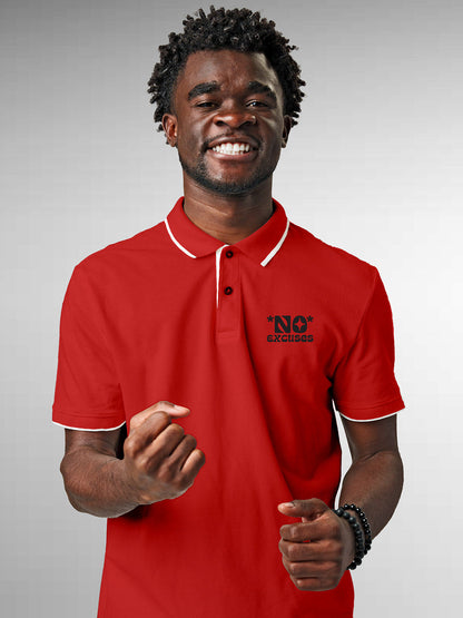 Model wearing Men's Red Polo T-shirt with 'No Excuses' design, offering effortless style and premium comfort