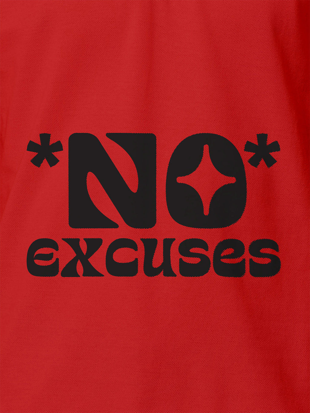 Close up of 'No Excuses' design on Men's Red Polo T-shirt, highlighting intricate details and vibrant print.