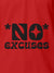 Close up of 'No Excuses' design on Men's Red Polo T-shirt, highlighting intricate details and vibrant print.