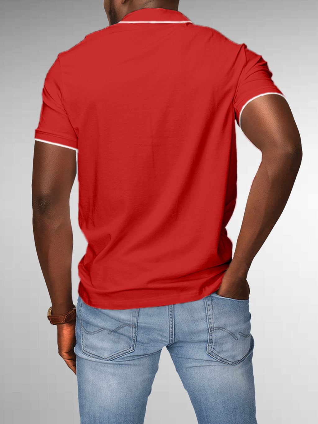 Back view of Fighterhero Men's Red Polo T-shirt, highlighting the modern look and clean finish
