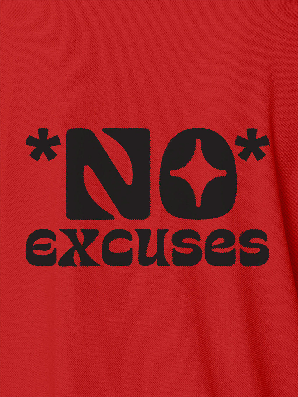 Close up of 'No Excuses' design on Women's Red Polo T-shirt, highlighting intricate details and vibrant print.
