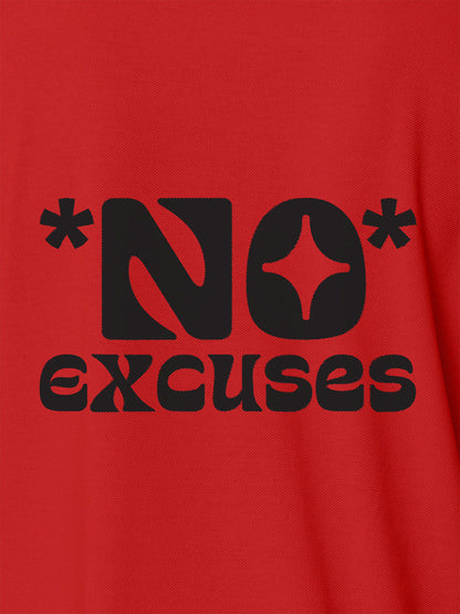 Close up of 'No Excuses' design on Women's Red Polo T-shirt, highlighting intricate details and vibrant print.