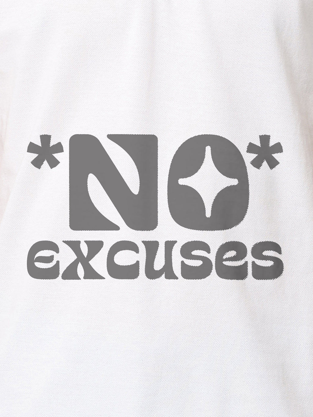 Close up of 'No Excuses' design on Men's White Polo T-shirt, highlighting intricate details and vibrant print.
