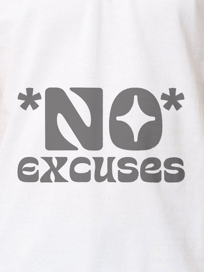 Close up of 'No Excuses' design on Men's White Polo T-shirt, highlighting intricate details and vibrant print.