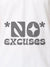Close up of 'No Excuses' design on Men's White Polo T-shirt, highlighting intricate details and vibrant print.