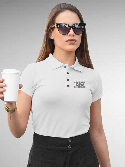 Model wearing Women's White Polo T-shirt with 'No Excuses' design, offering effortless style and premium comfort