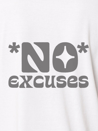 Close up of 'No Excuses' design on Women's White Polo T-shirt, highlighting intricate details and vibrant print.