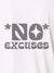 Close up of 'No Excuses' design on Women's White Polo T-shirt, highlighting intricate details and vibrant print.