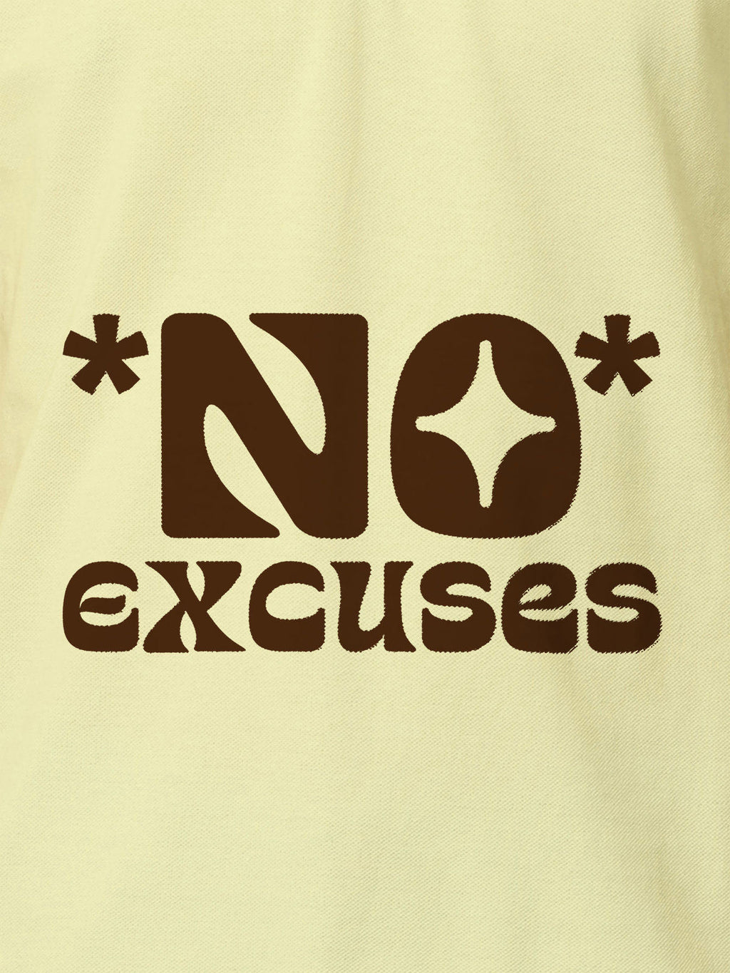 Close up of 'No Excuses' design on Men's Yellow Polo T-shirt, highlighting intricate details and vibrant print.