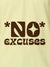 Close up of 'No Excuses' design on Men's Yellow Polo T-shirt, highlighting intricate details and vibrant print.