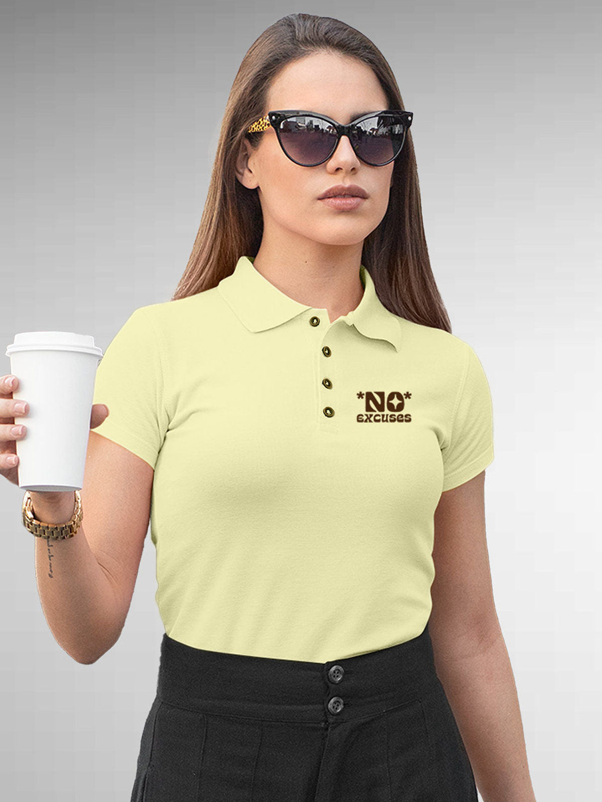 Model wearing Women's Yellow Polo T-shirt with 'No Excuses' design, offering effortless style and premium comfort
