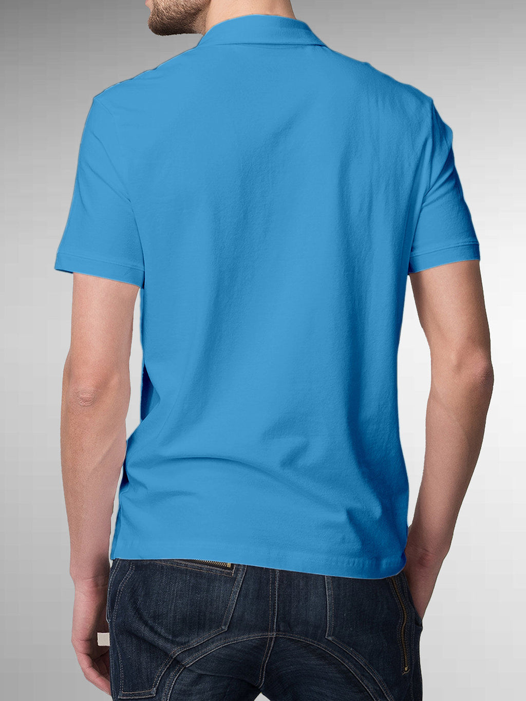 Back view of Fighterhero Men's Blue Polo T-shirt, highlighting the modern look and clean finish