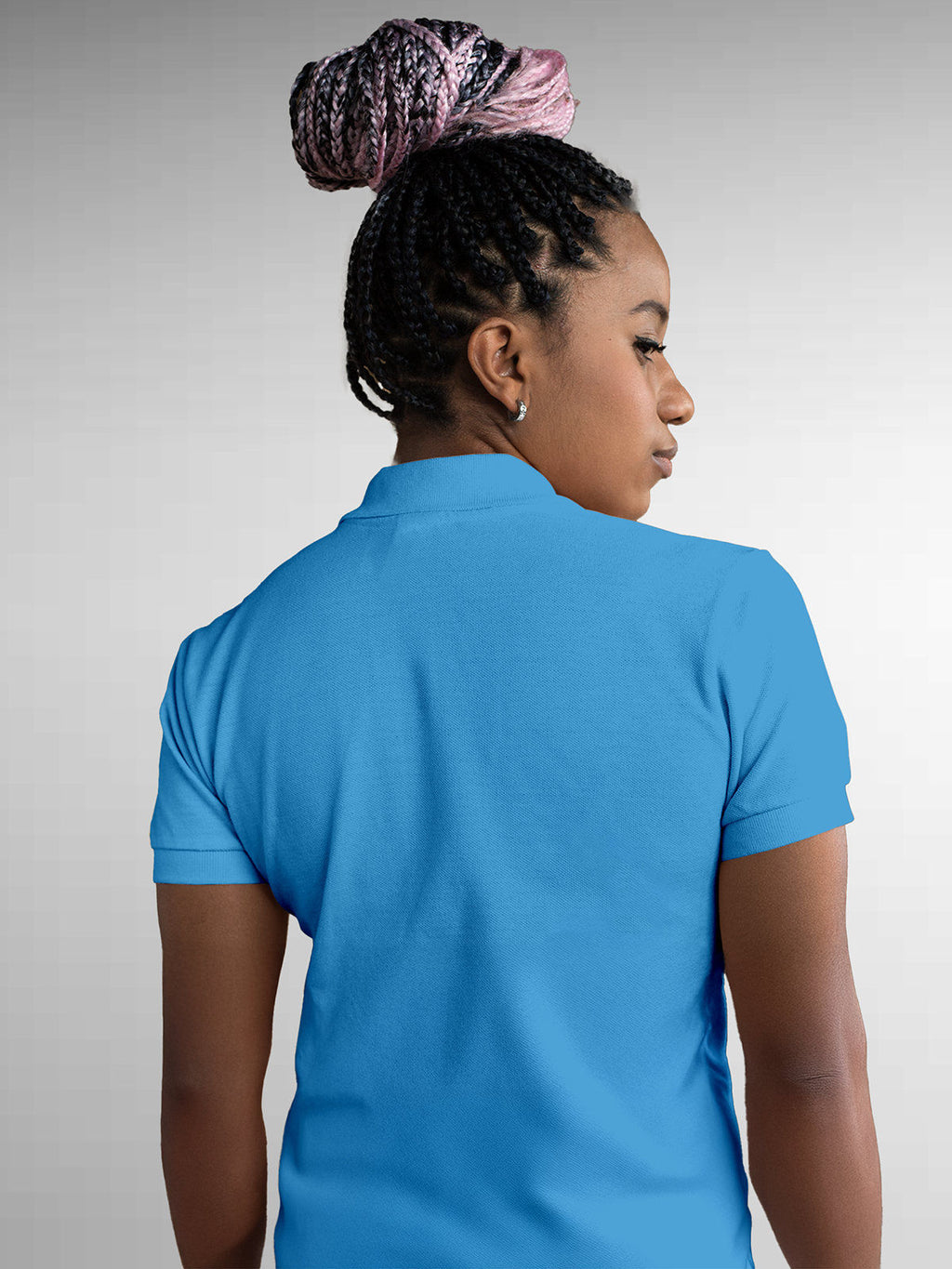 Back view of Fighterhero Women's Blue Polo T-shirt, highlighting the modern look and clean finish