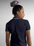 Back view of Fighterhero Women's Navy Blue Polo T-shirt with 'Chase The Impossible' design, highlighting the modern look and clean finish
