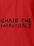 Close up of 'Chase The Impossible' design on Women's Red Polo T-shirt, highlighting intricate details and vibrant print.