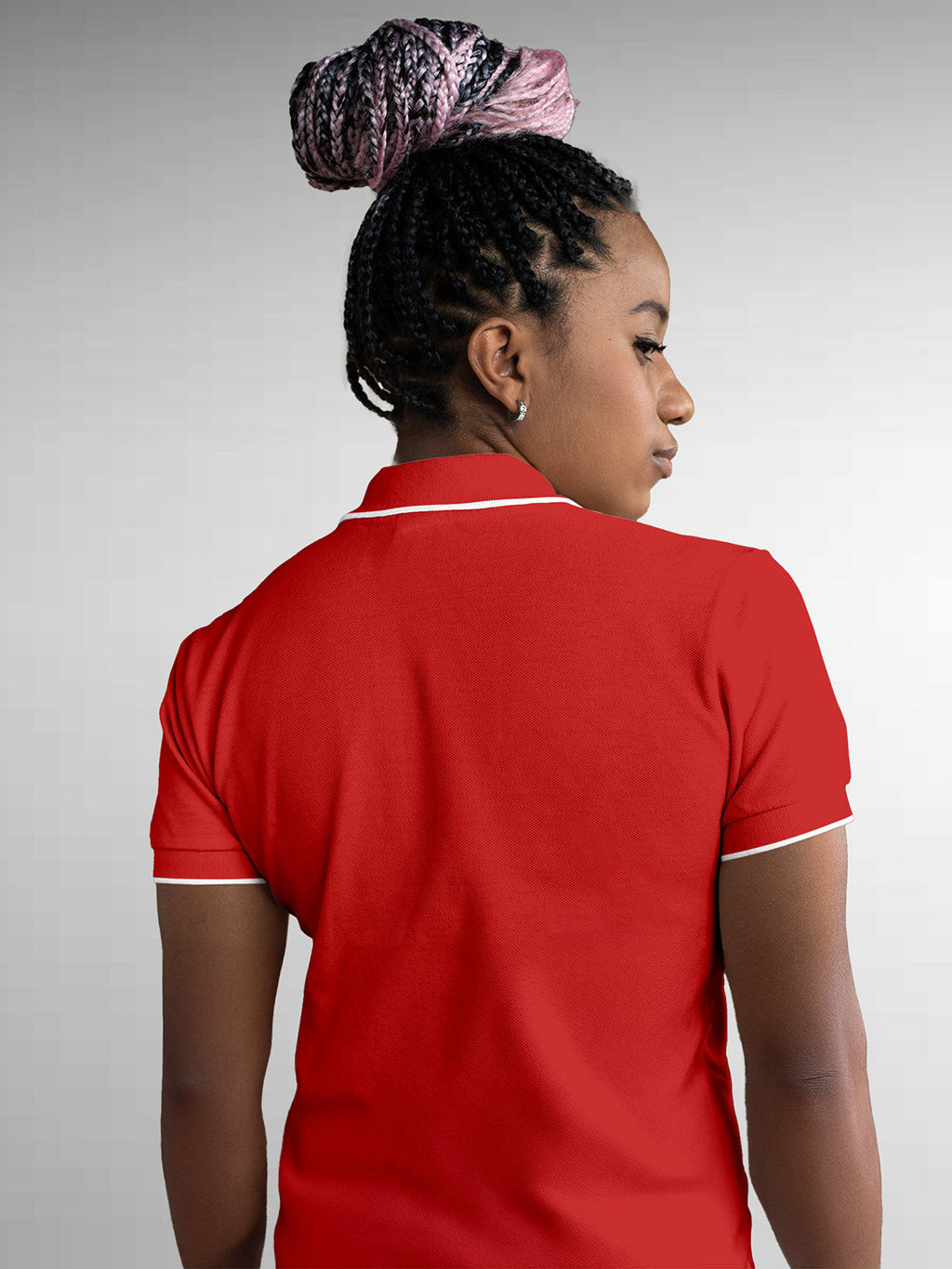 Back view of Fighterhero Women's Red Polo T-shirt, highlighting the modern look and clean finish