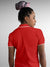 Back view of Fighterhero Women's Red Polo T-shirt, highlighting the modern look and clean finish