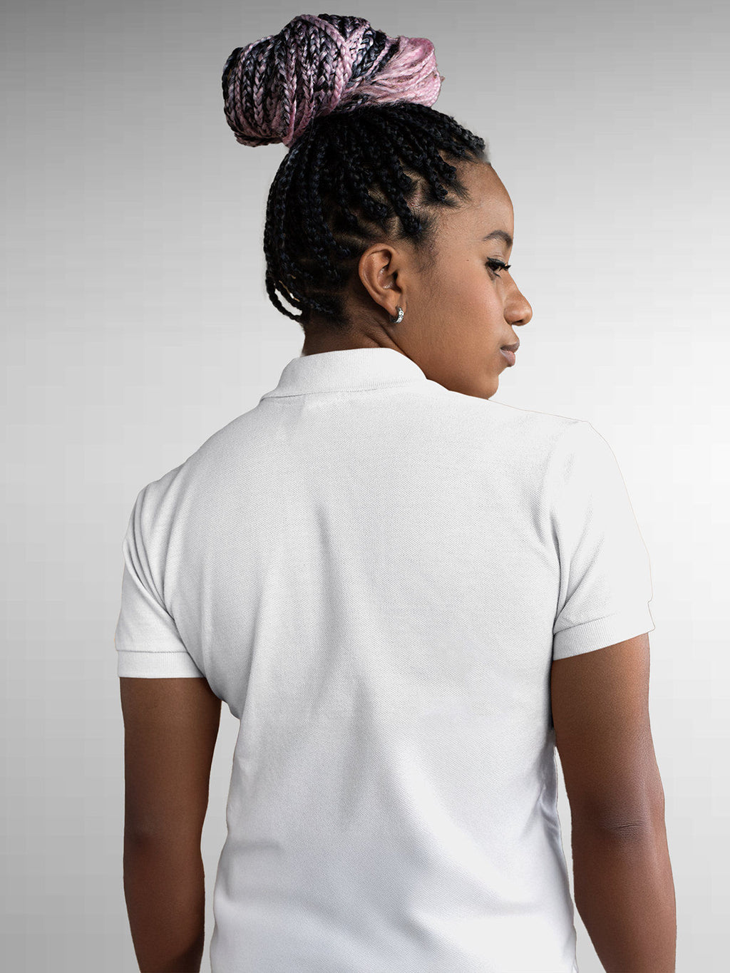 Back view of Fighterhero Women's White Polo T-shirt, highlighting the modern look and clean finish