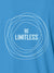 Close up of 'Be Limitless' design on Men's Blue Polo T-shirt, highlighting intricate details and vibrant print.