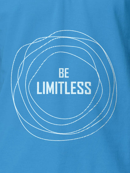 Close up of 'Be Limitless' design on Women's Blue Polo T-shirt, highlighting intricate details and vibrant print.