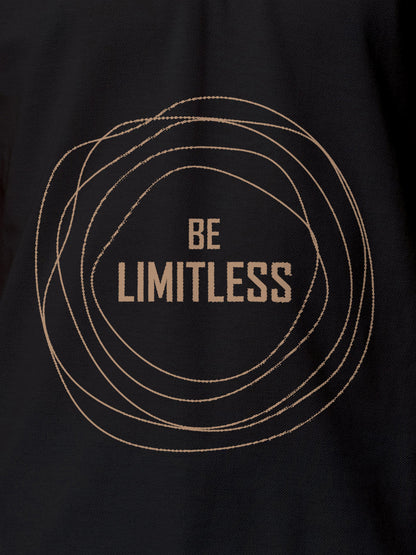 Close up of 'Be Limitless' design on Women's Dark Grey Polo T-shirt, highlighting intricate details and vibrant print.