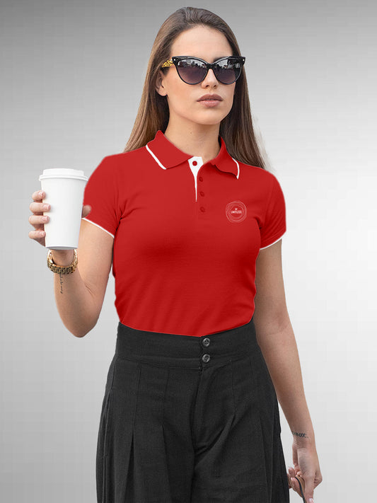 Model wearing Women's Red Polo T-shirt with 'Be Limitless' design, offering effortless style and premium comfort