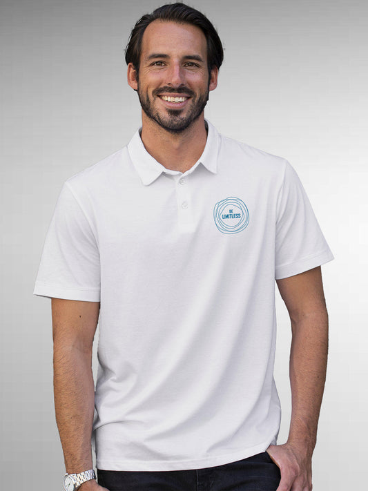 Model wearing Men's White Polo T-shirt with 'Be Limitless' design, offering effortless style and premium comfort