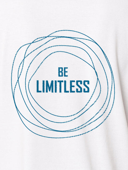 Close up of 'Be Limitless' design on Men's White Polo T-shirt, highlighting intricate details and vibrant print.