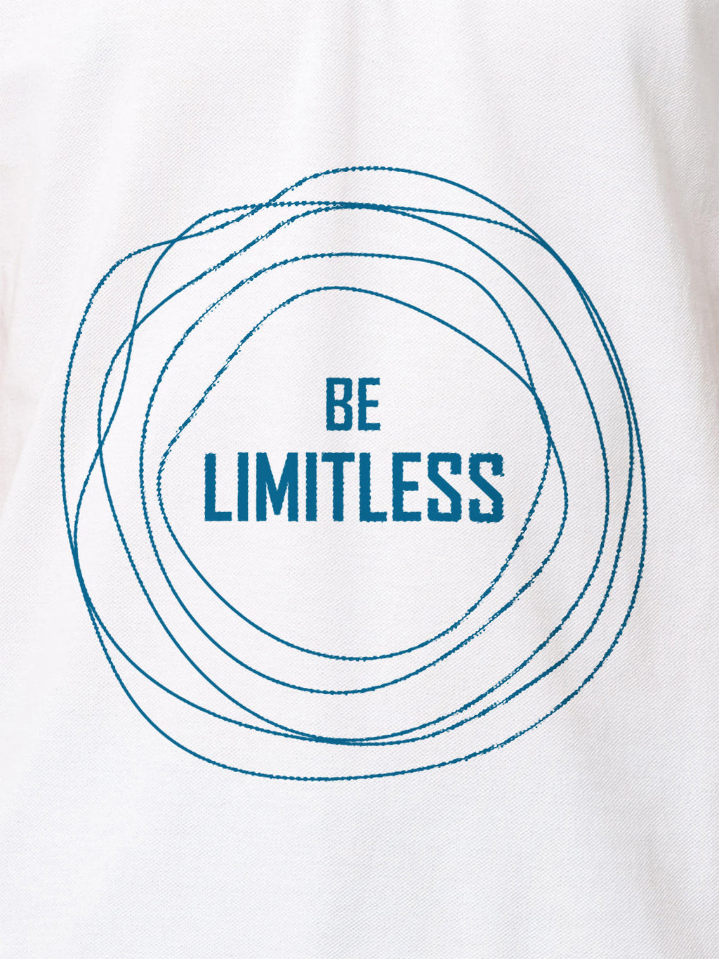 Close up of 'Be Limitless' design on Women's White Polo T-shirt, highlighting intricate details and vibrant print.