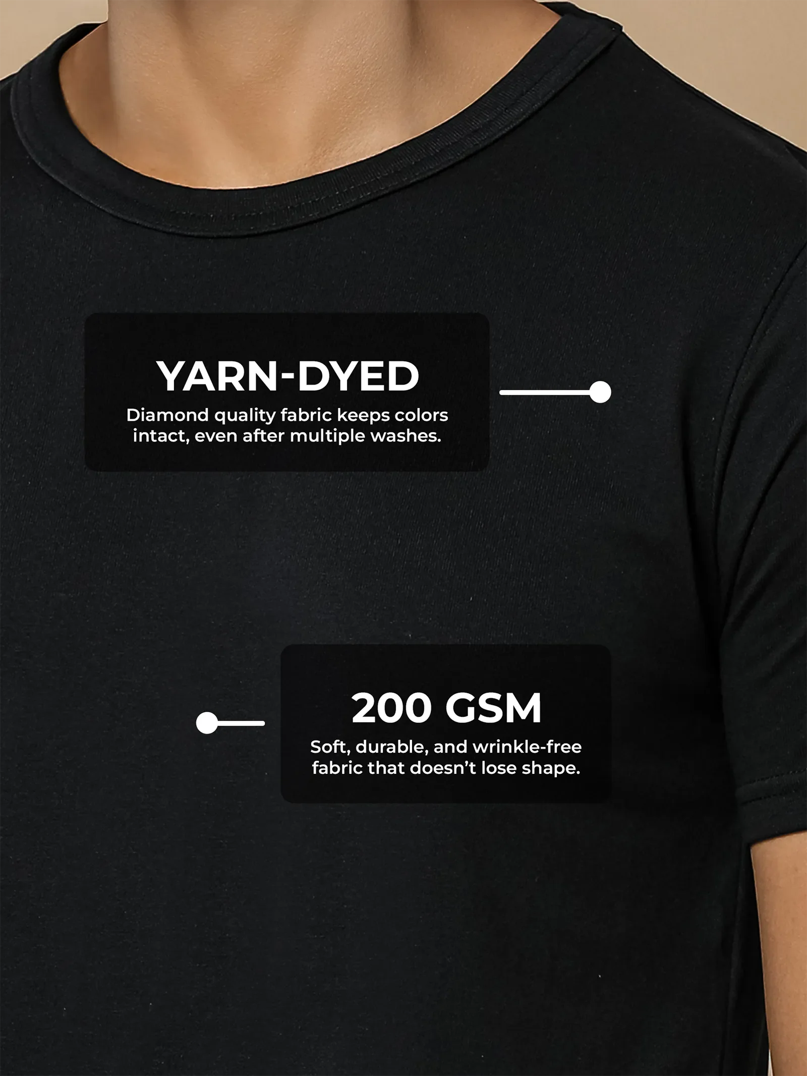 Men's Black Round Neck T-shirt made of 200 GSM strong, wrinkle-resistant fabric that doesn't lose color or shape.