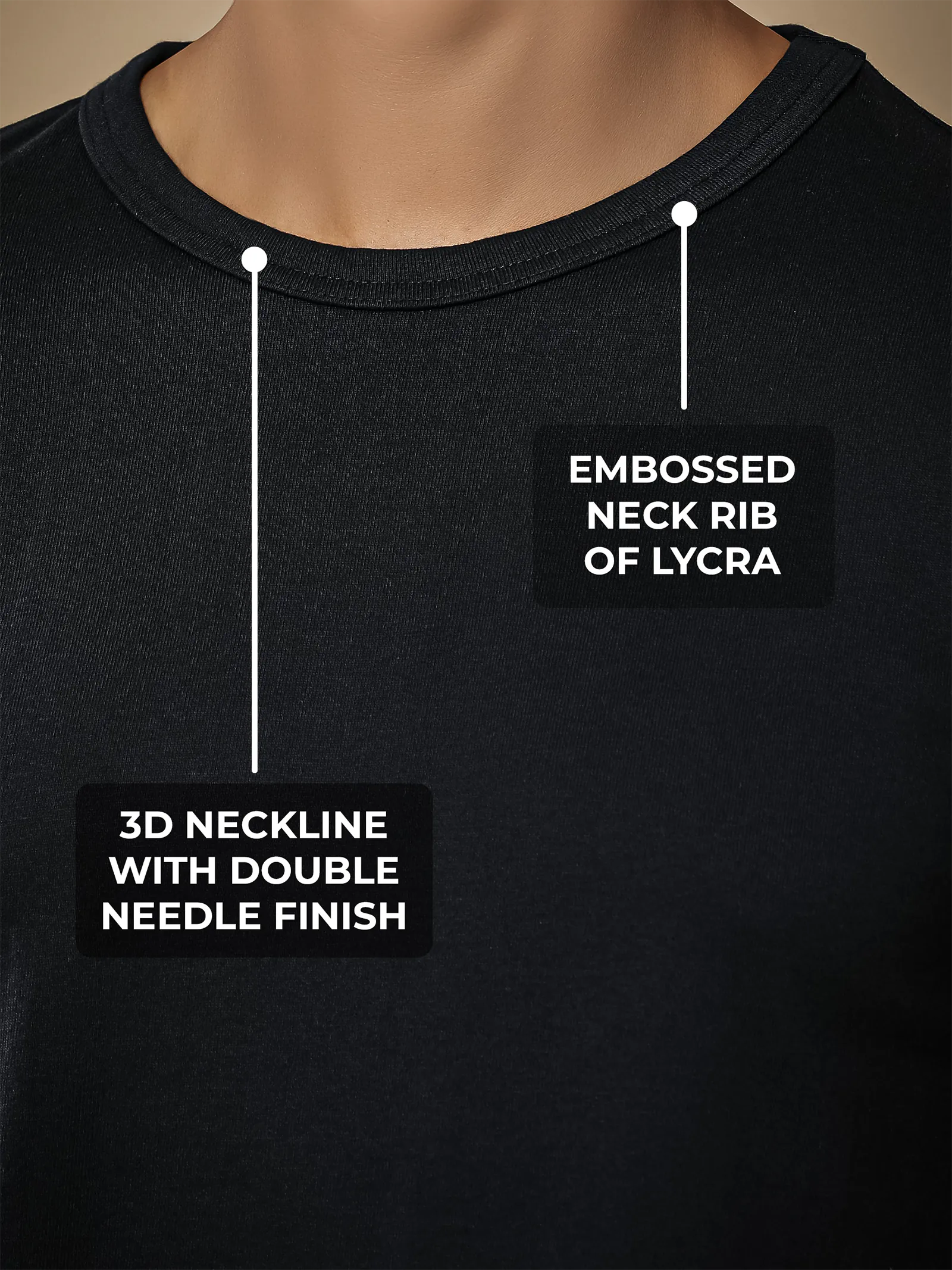 Women's Black Round Neck T-shirt having 3D Neckline with Double Needle Finish & Embossed Lycra Rib, for a premium look.