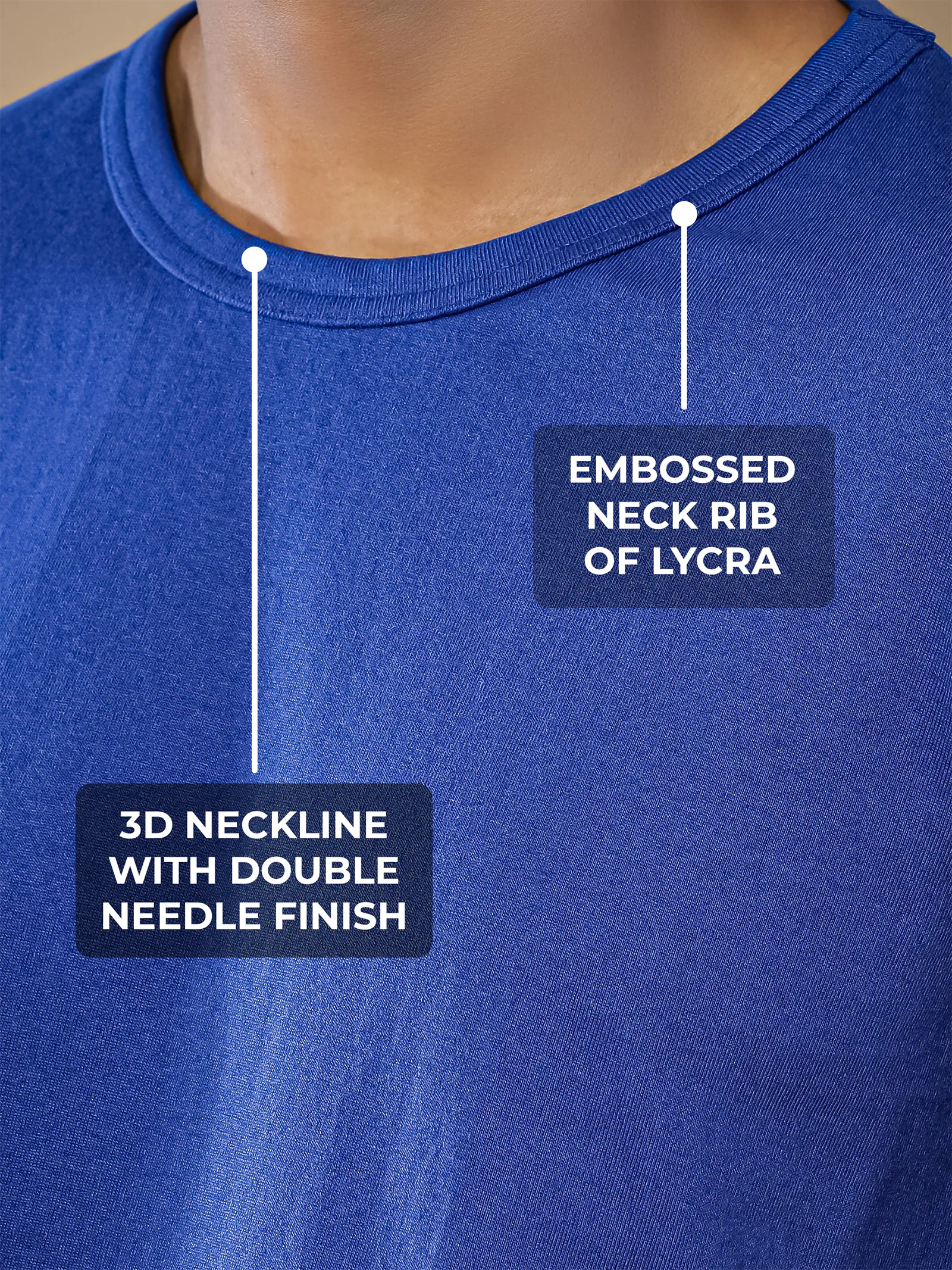Men's Blue Round Neck T-shirt having 3D Neckline with Double Needle Finish & Embossed Lycra Rib, for a premium look.
