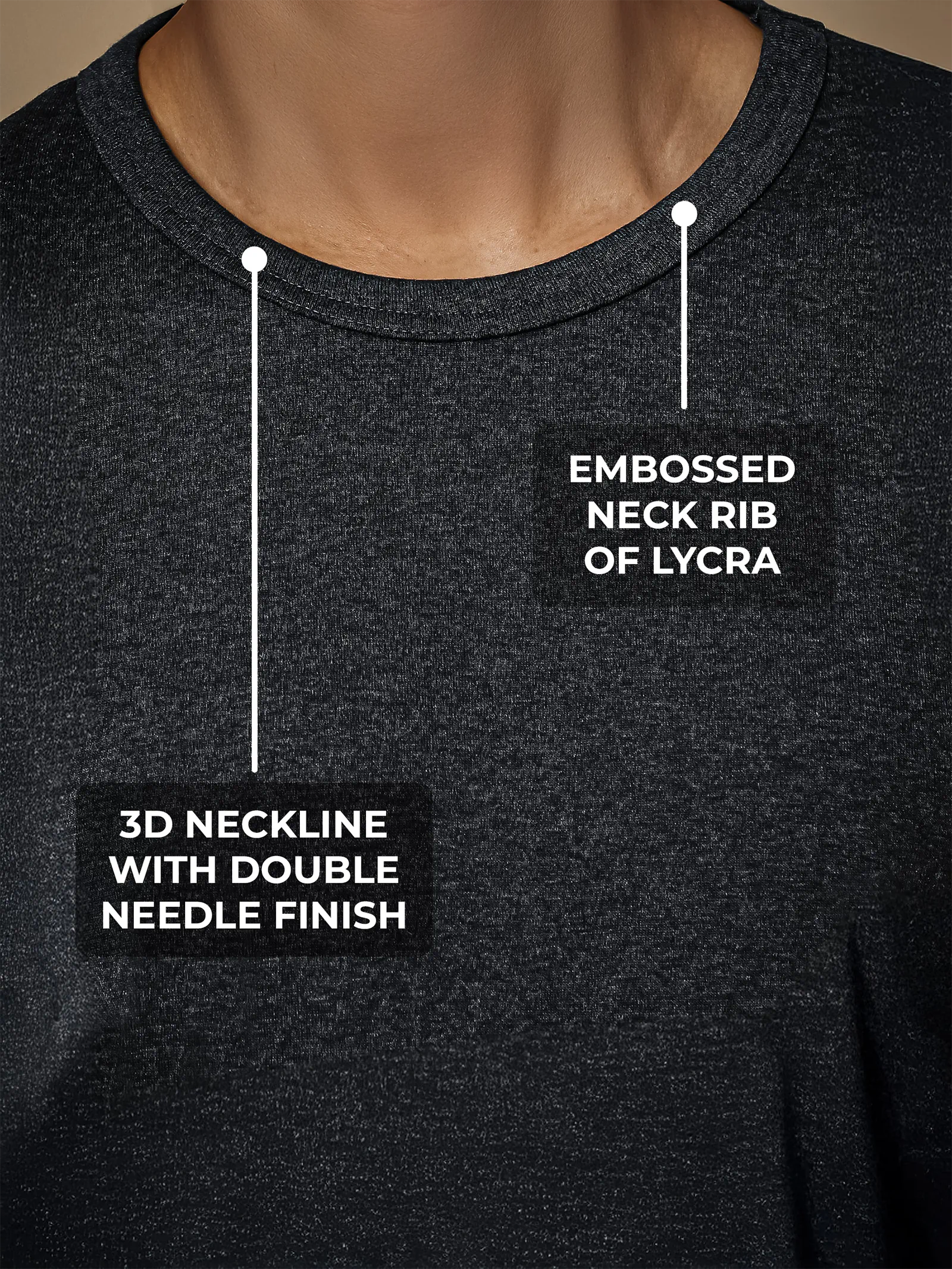 Men's Dark Grey Round Neck T-shirt having 3D Neckline with Double Needle Finish & Embossed Lycra Rib, for a premium look.