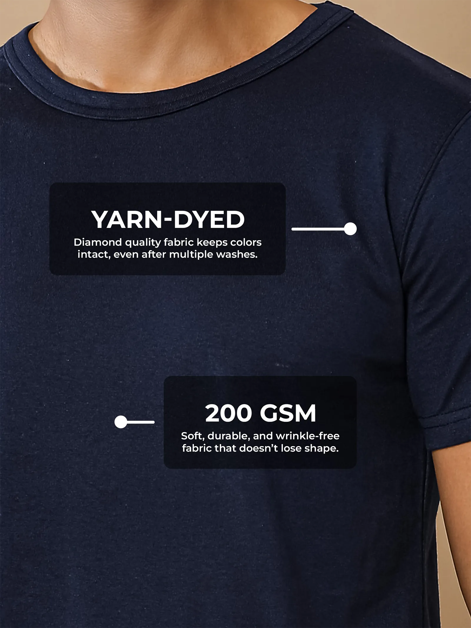 Men's Navy Blue Round Neck T-shirt made of 200 GSM strong, wrinkle-resistant fabric that doesn't lose color or shape.