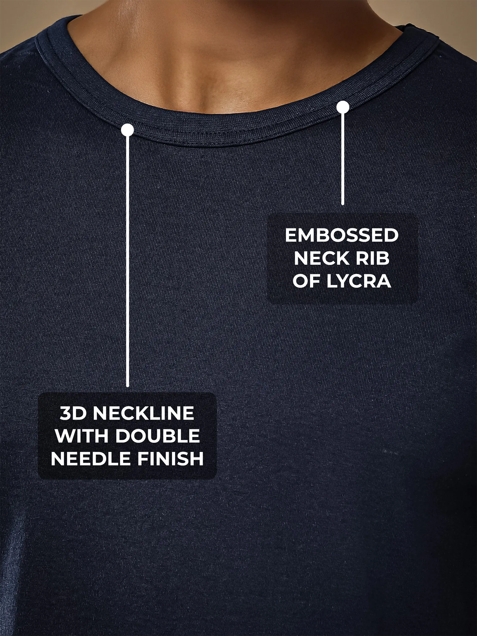 Men's Navy Blue Round Neck T-shirt having 3D Neckline with Double Needle Finish & Embossed Lycra Rib, for a premium look.