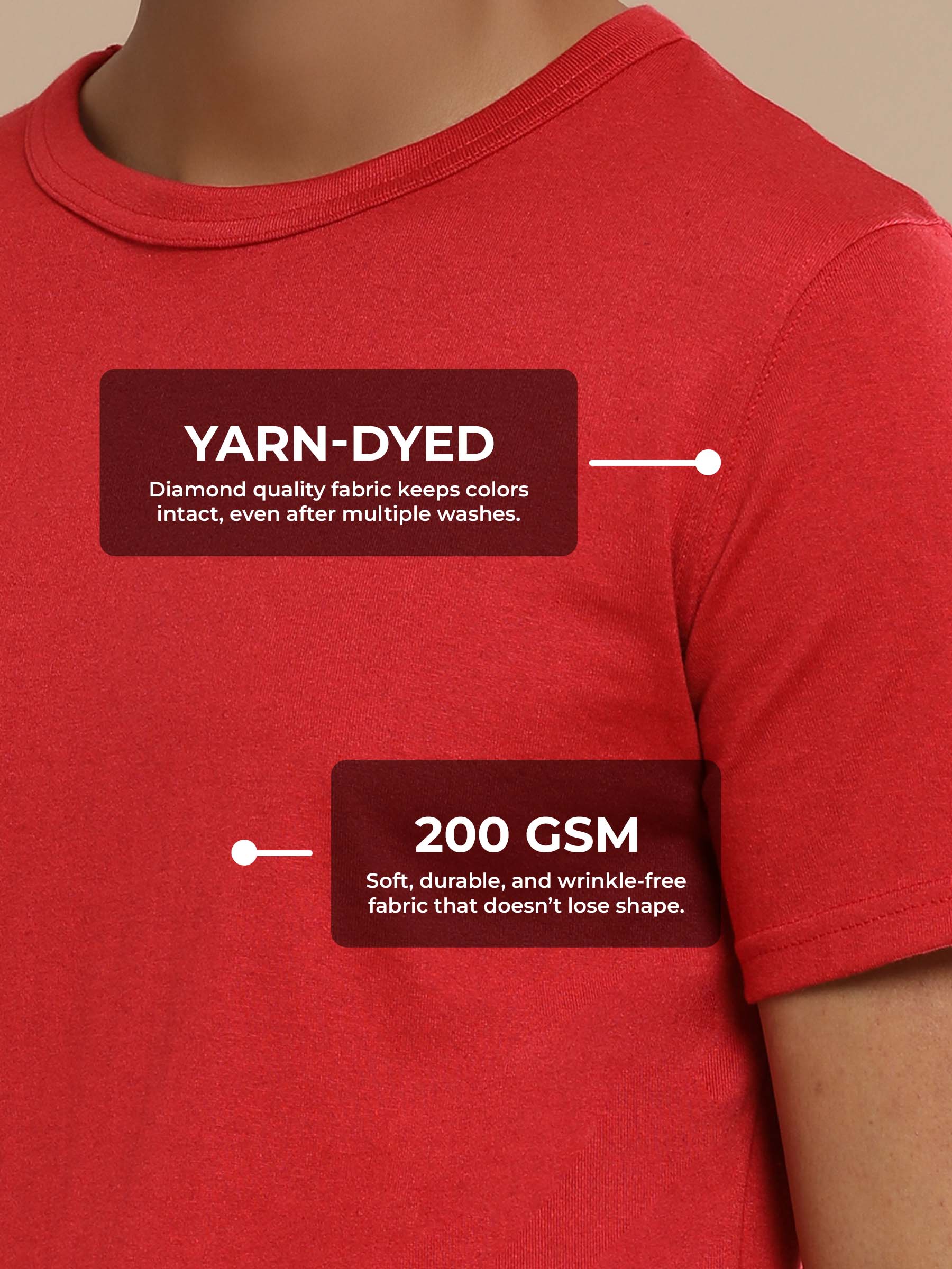 Men's Red Round Neck T-shirt made of 200 GSM strong, wrinkle-resistant fabric that doesn't lose color or shape.