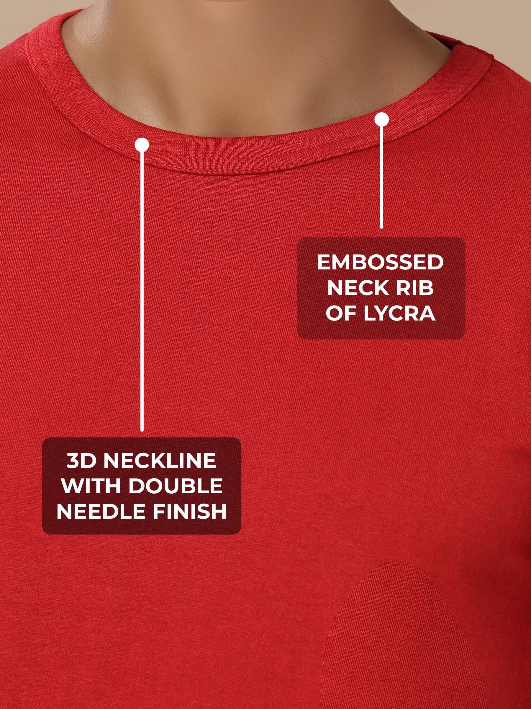 Men's Red Round Neck T-shirt having 3D Neckline with Double Needle Finish & Embossed Lycra Rib, for a premium look.