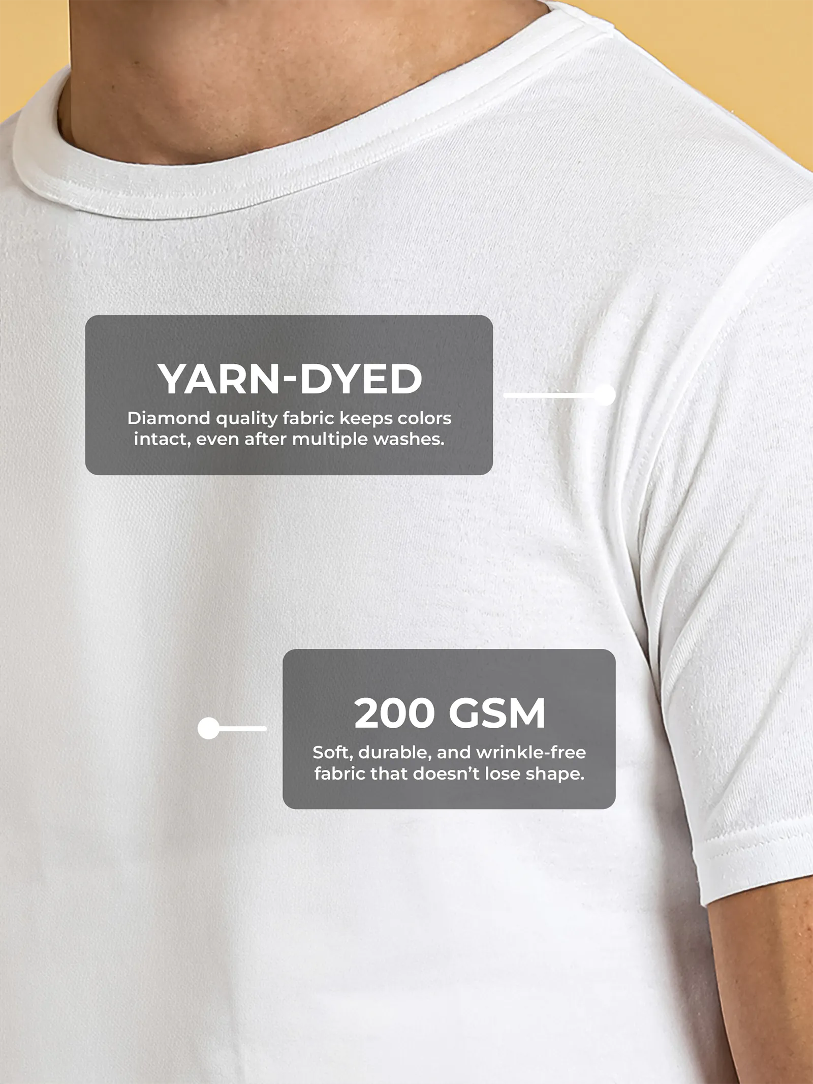Men's White Round Neck T-shirt made of 200 GSM strong, wrinkle-resistant fabric that doesn't lose color or shape.