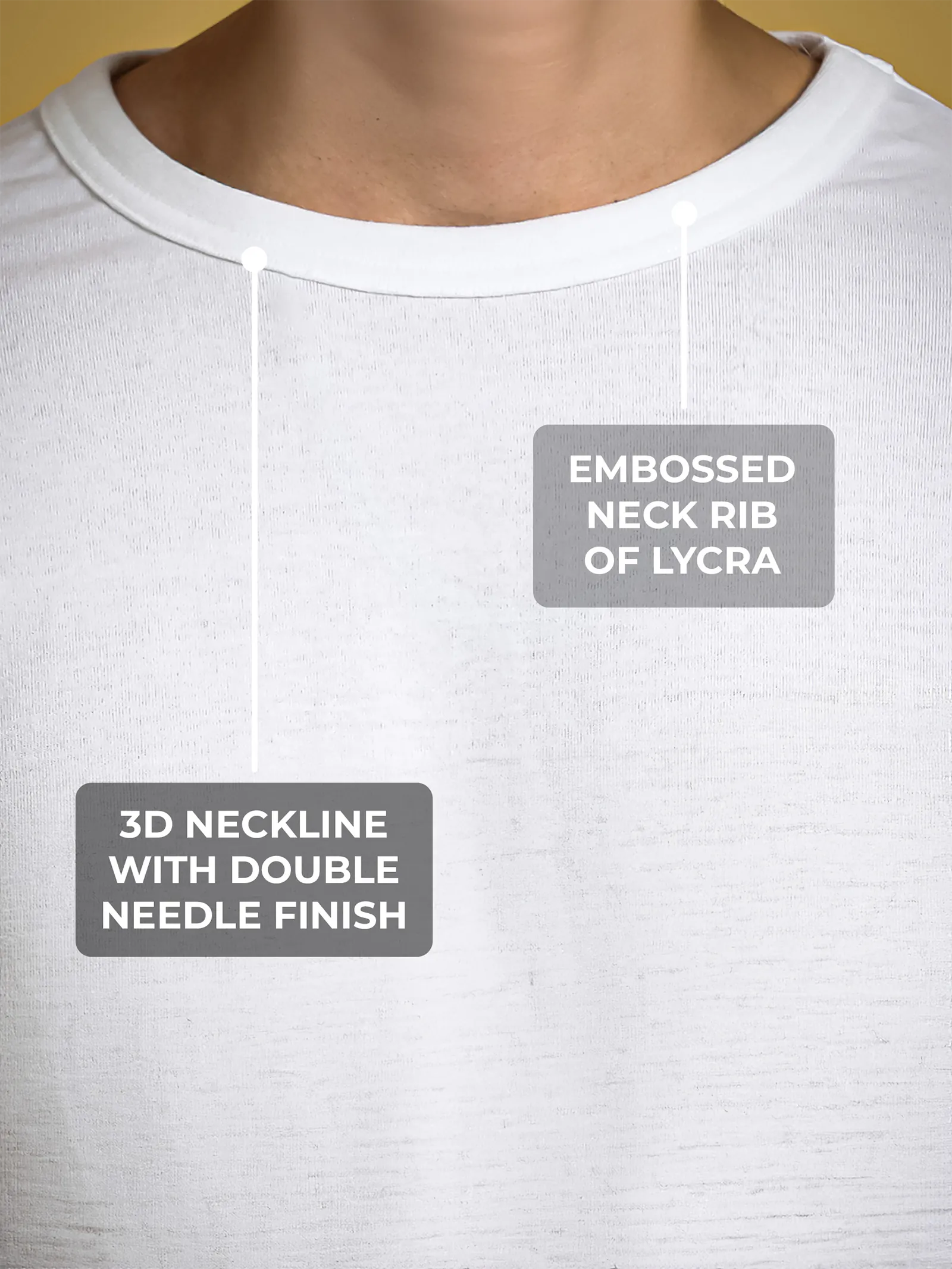 Men's White Round Neck T-shirt having 3D Neckline with Double Needle Finish & Embossed Lycra Rib, for a premium look.