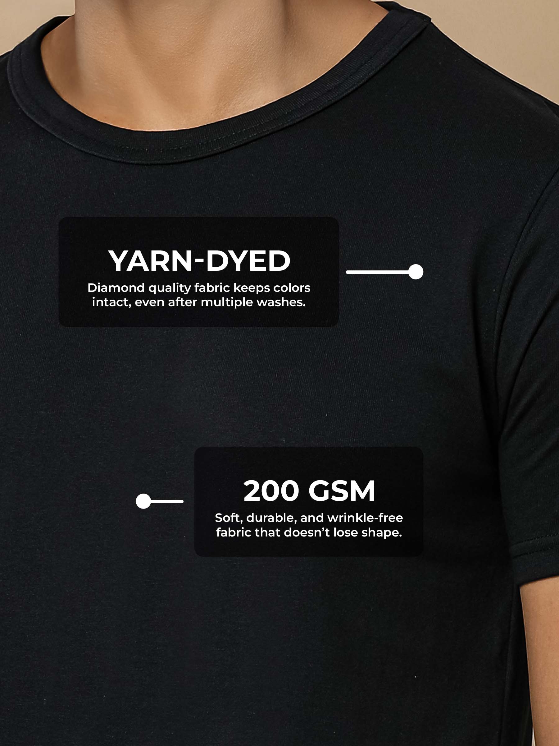 Women's Black Round Neck T-shirt made of 200 GSM strong, wrinkle-resistant fabric that doesn't lose color or shape.