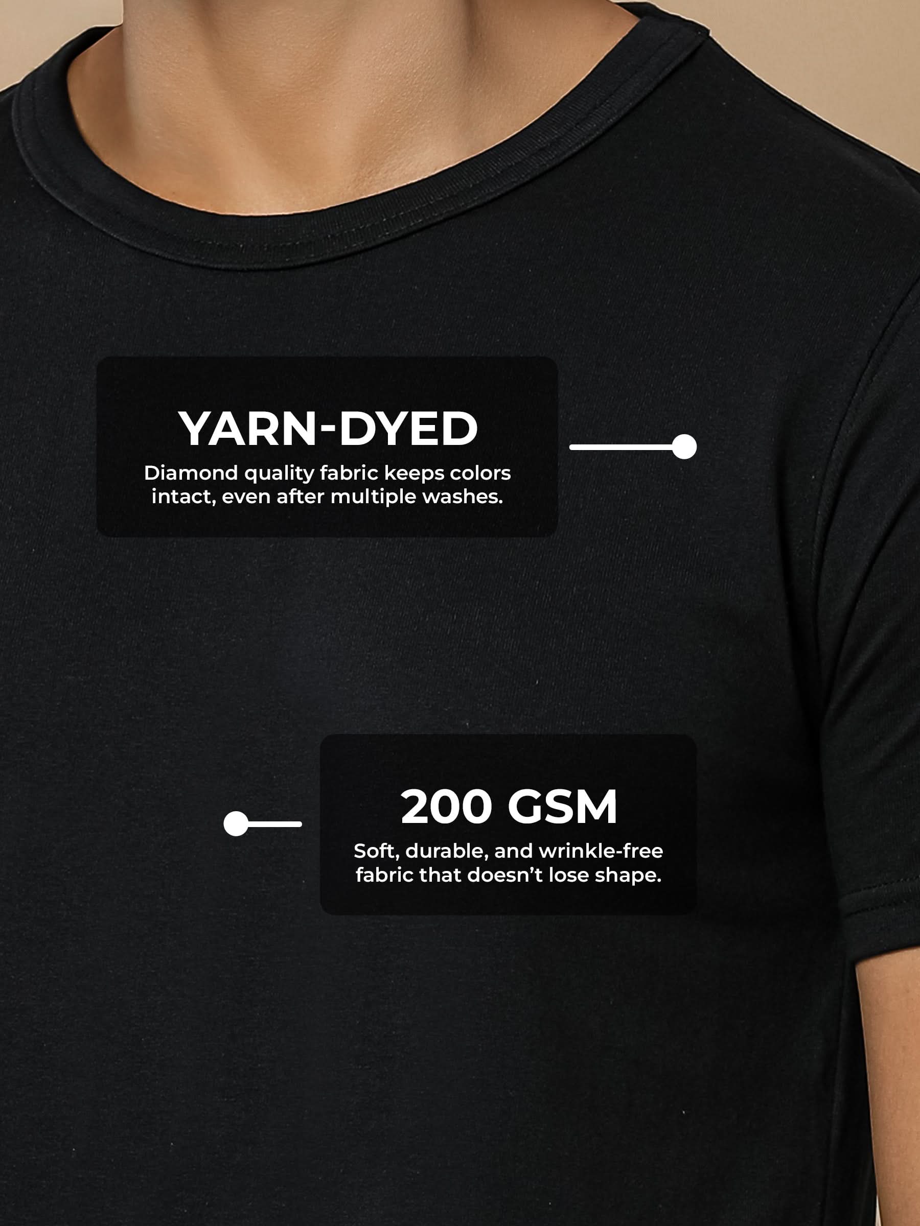 Men's Black Round Neck T-shirt made of 200 GSM strong, wrinkle-resistant fabric that doesn't lose color or shape.