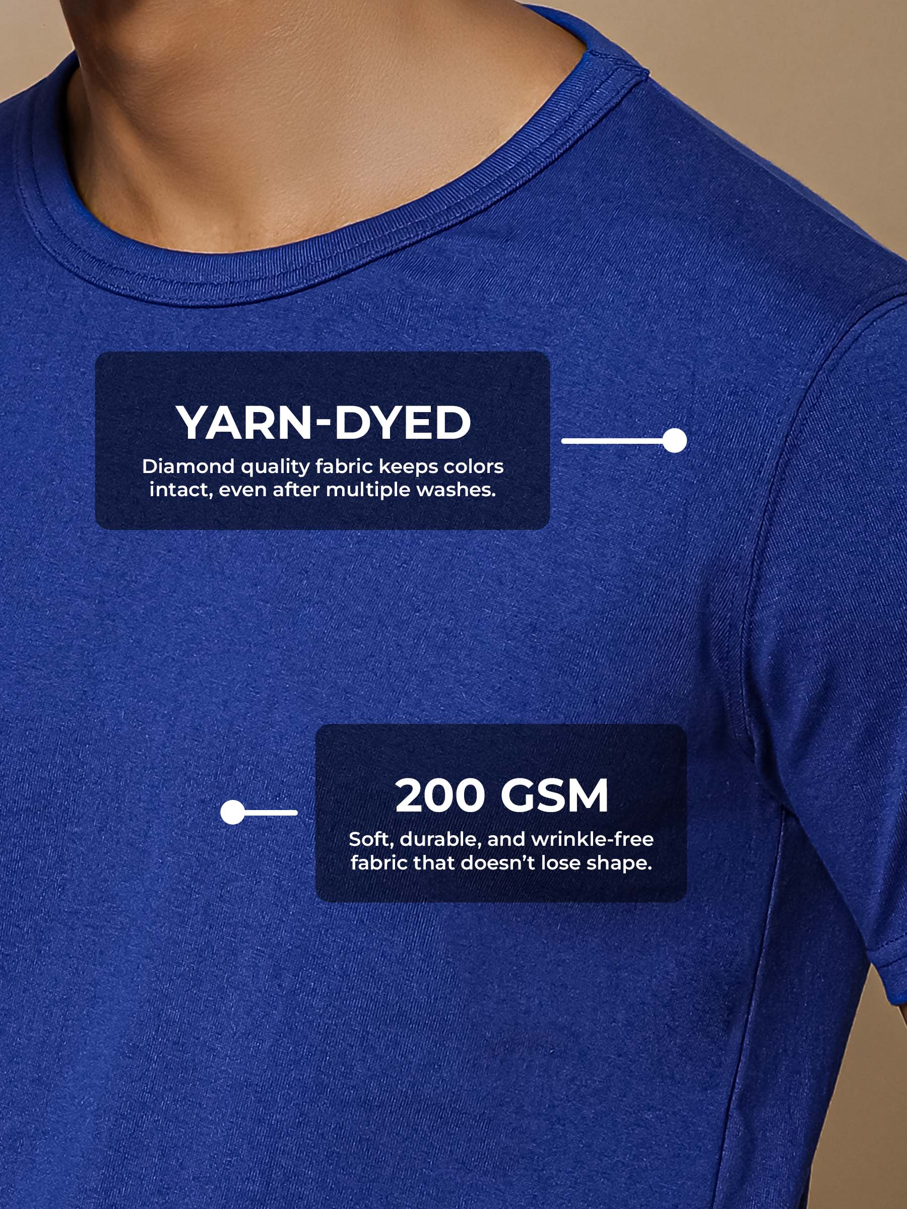 Women's Blue Round Neck T-shirt made of 200 GSM strong, wrinkle-resistant fabric that doesn't lose color or shape.