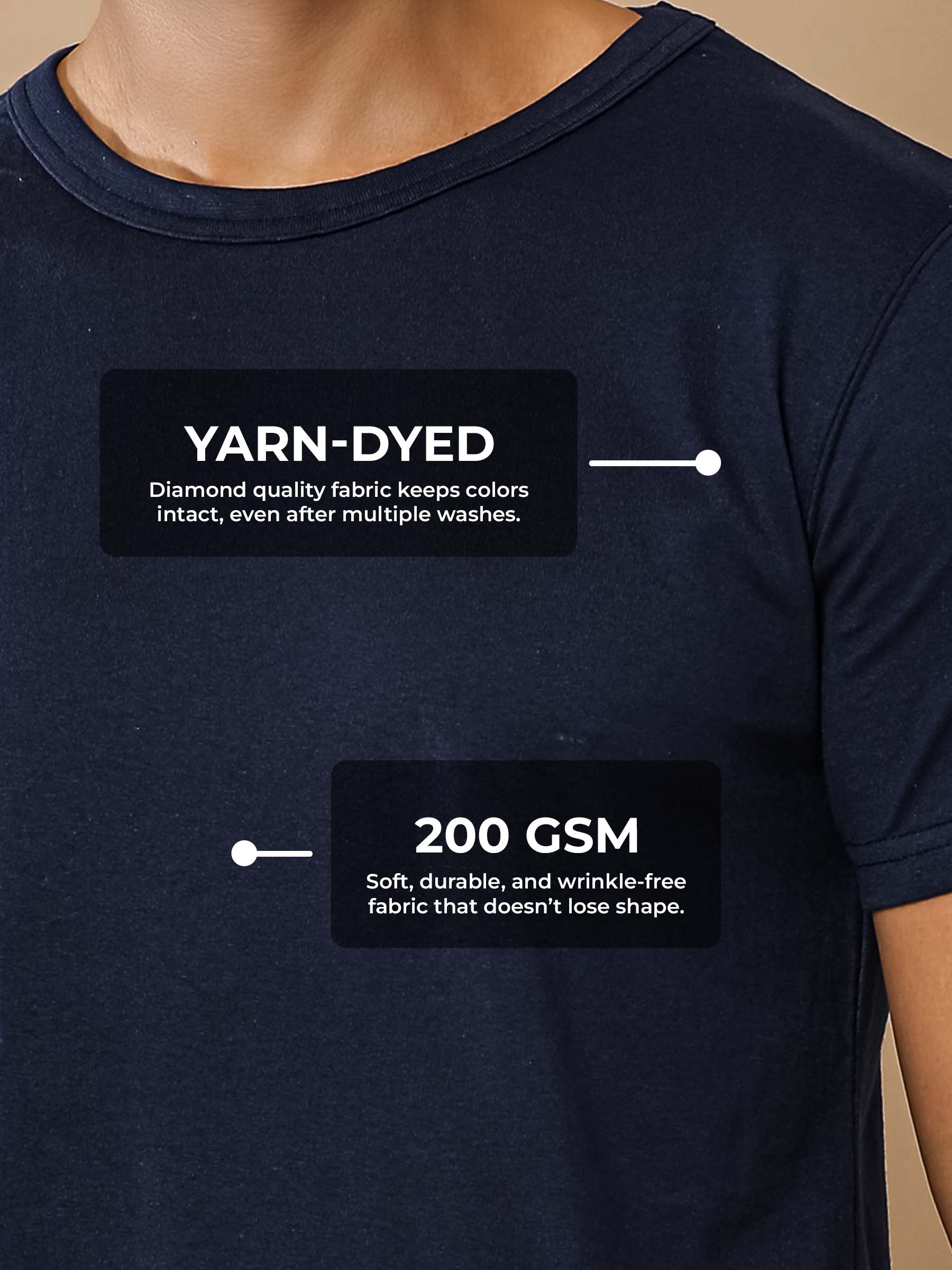 Men's Navy Blue Round Neck T-shirt made of 200 GSM strong, wrinkle-resistant fabric that doesn't lose color or shape.