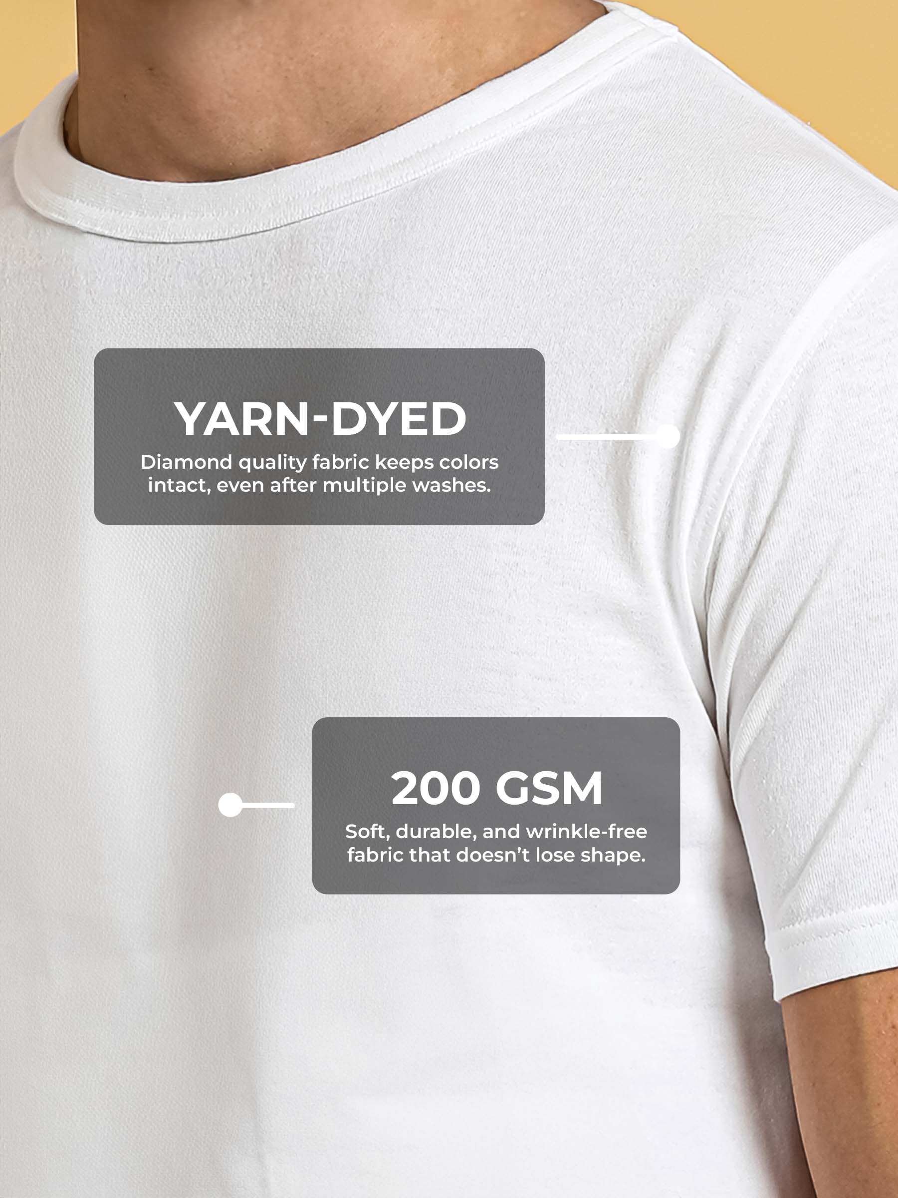 Men's White Round Neck T-shirt made of 200 GSM strong, wrinkle-resistant fabric that doesn't lose color or shape.