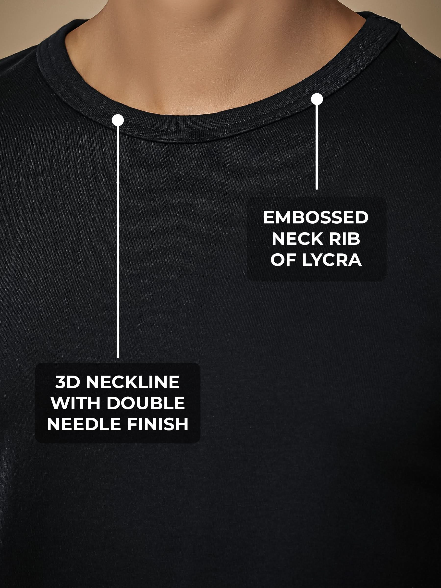 Men's Black Round Neck T-shirt having 3D Neckline with Double Needle Finish & Embossed Lycra Rib, for a premium look.