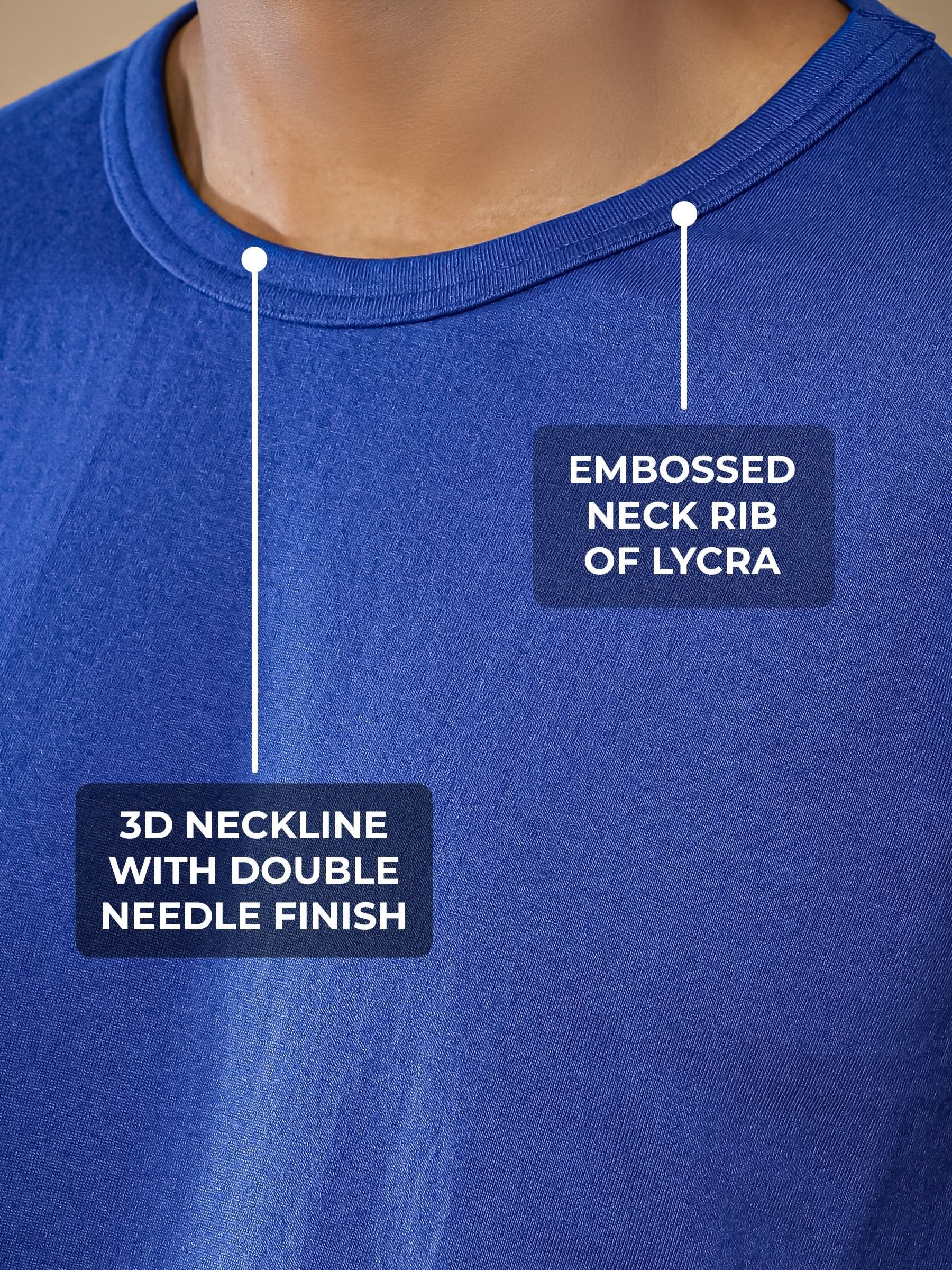 Men's Blue Round Neck T-shirt having 3D Neckline with Double Needle Finish & Embossed Lycra Rib, for a premium look.