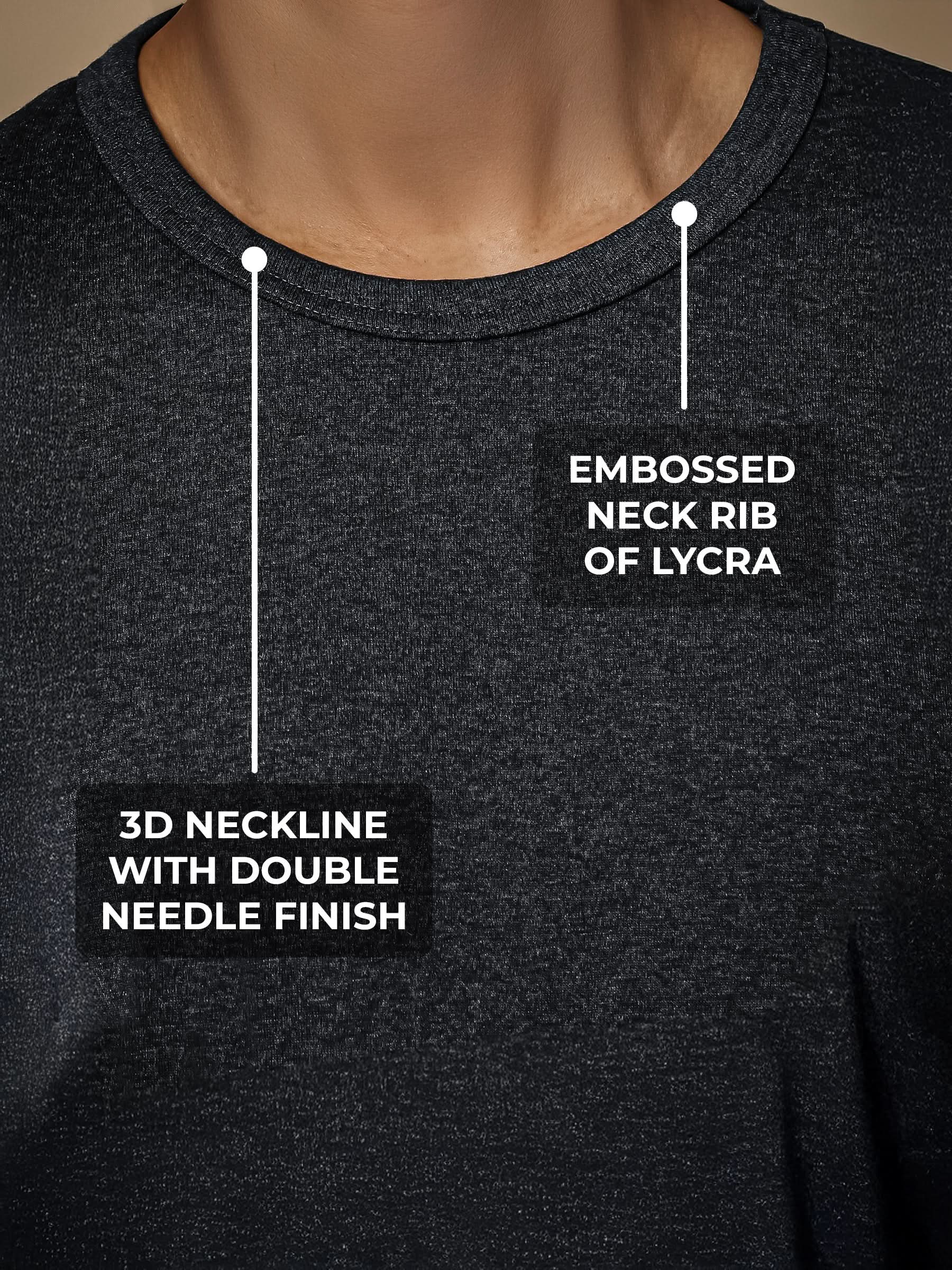 Women's Charcoal Grey Round Neck T-shirt having 3D Neckline with Double Needle Finish & Embossed Lycra Rib, for a premium look.