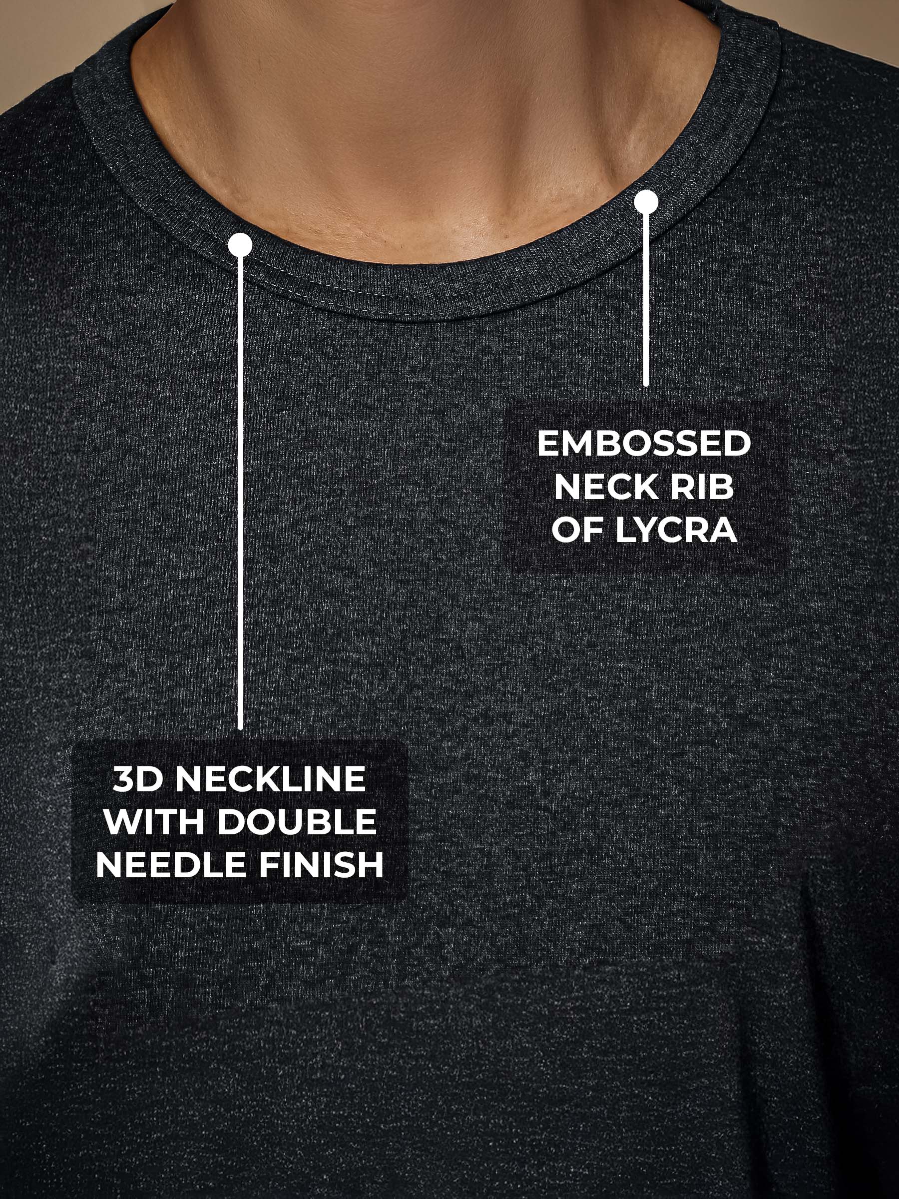 Women's Dark Grey Round Neck T-shirt having 3D Neckline with Double Needle Finish & Embossed Lycra Rib, for a premium look.